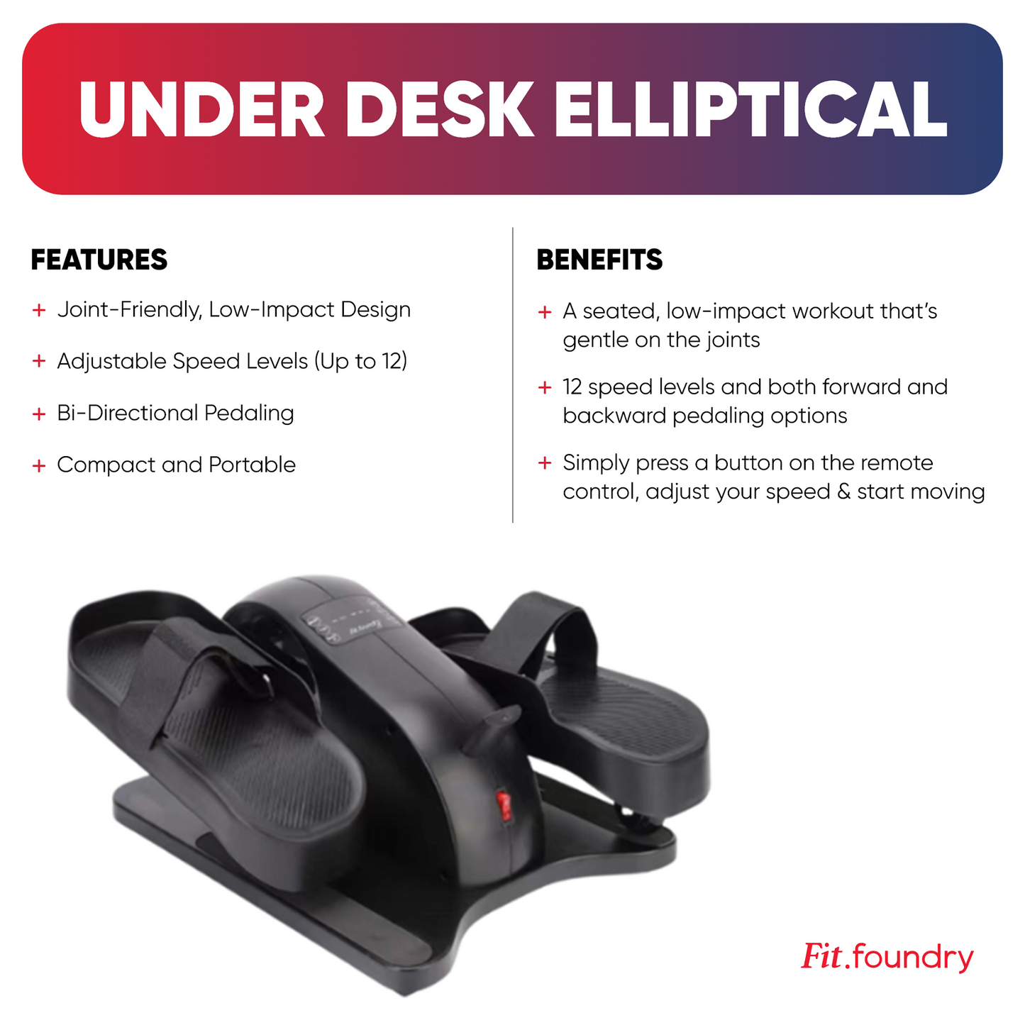 Fit Foundry Under Desk Elliptical - Quiet, 12-Speed Seated Elliptical for Low- Impact Workouts